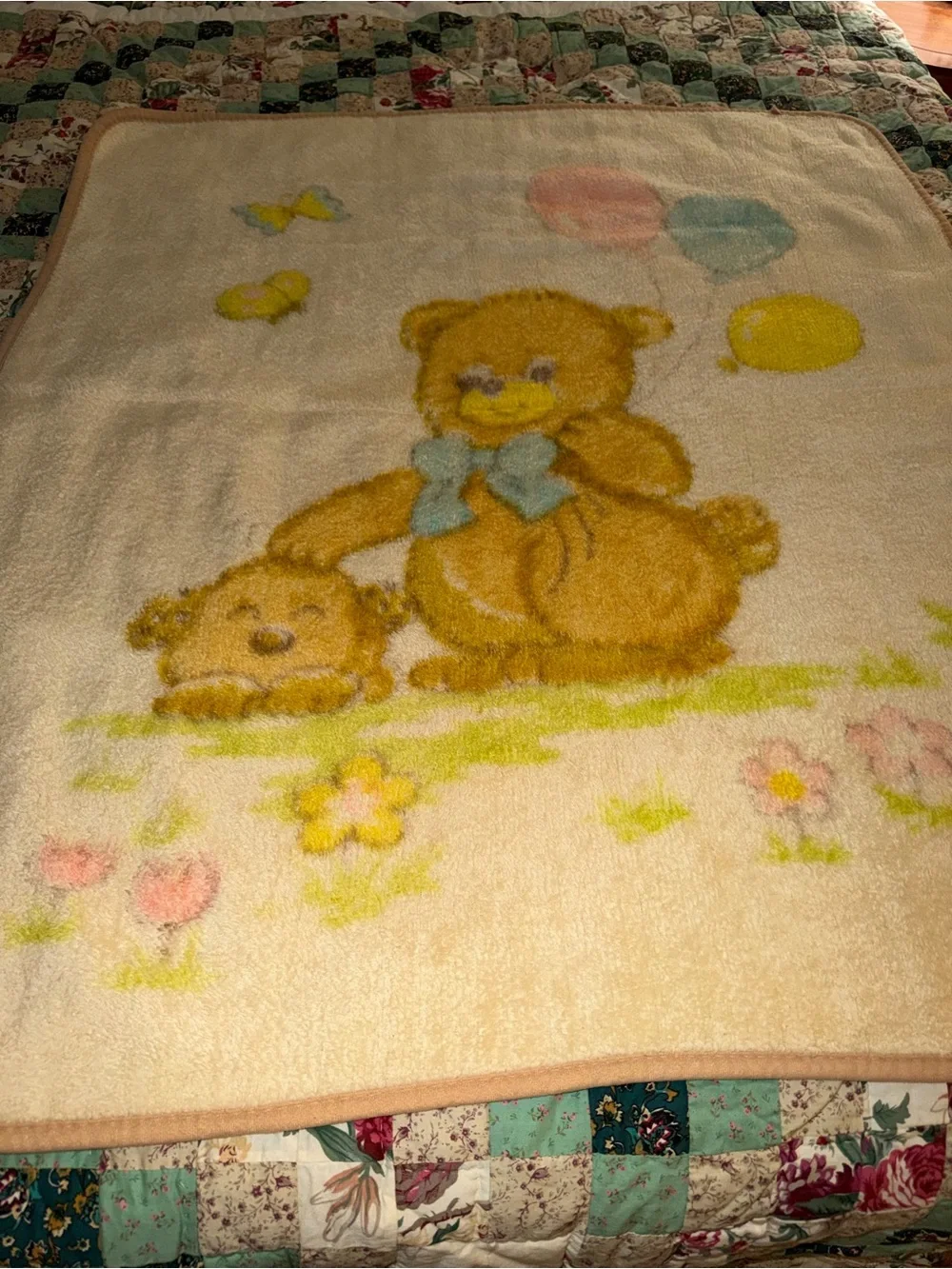 Vintage Teddy Bear Print Plush Mink 1980’s Baby Blanket - Brown, Blue,, Pink.